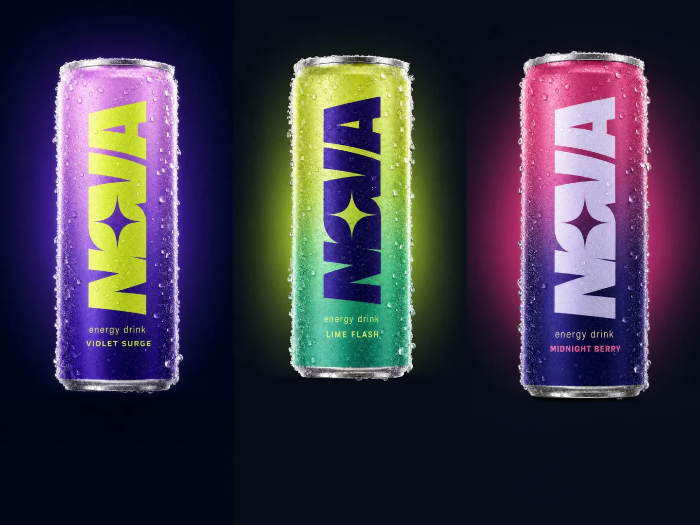 Three NOVA energy drink cans in violet, lime and berry flavours
