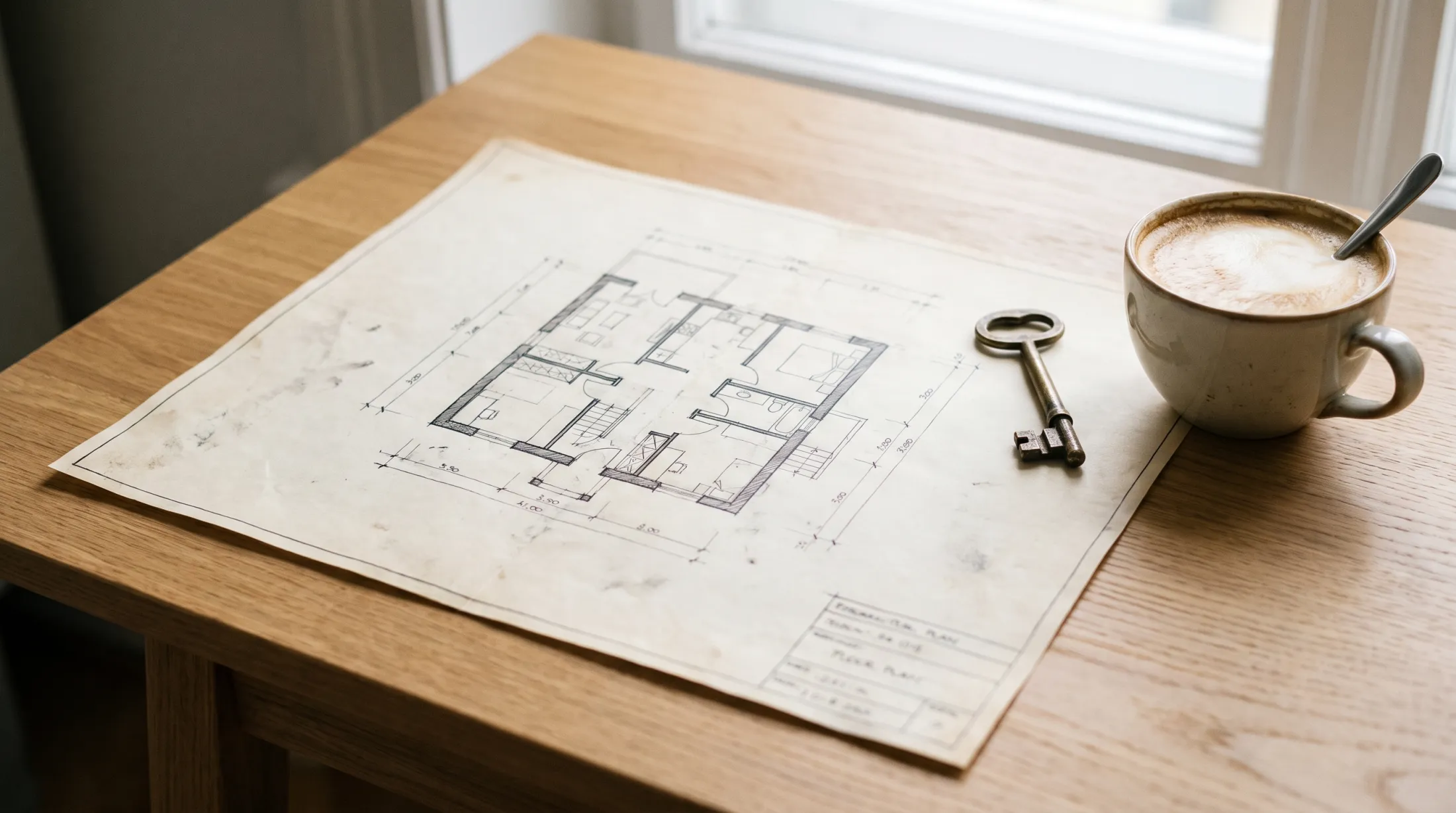 A floor plan on an oak desk with a brass key