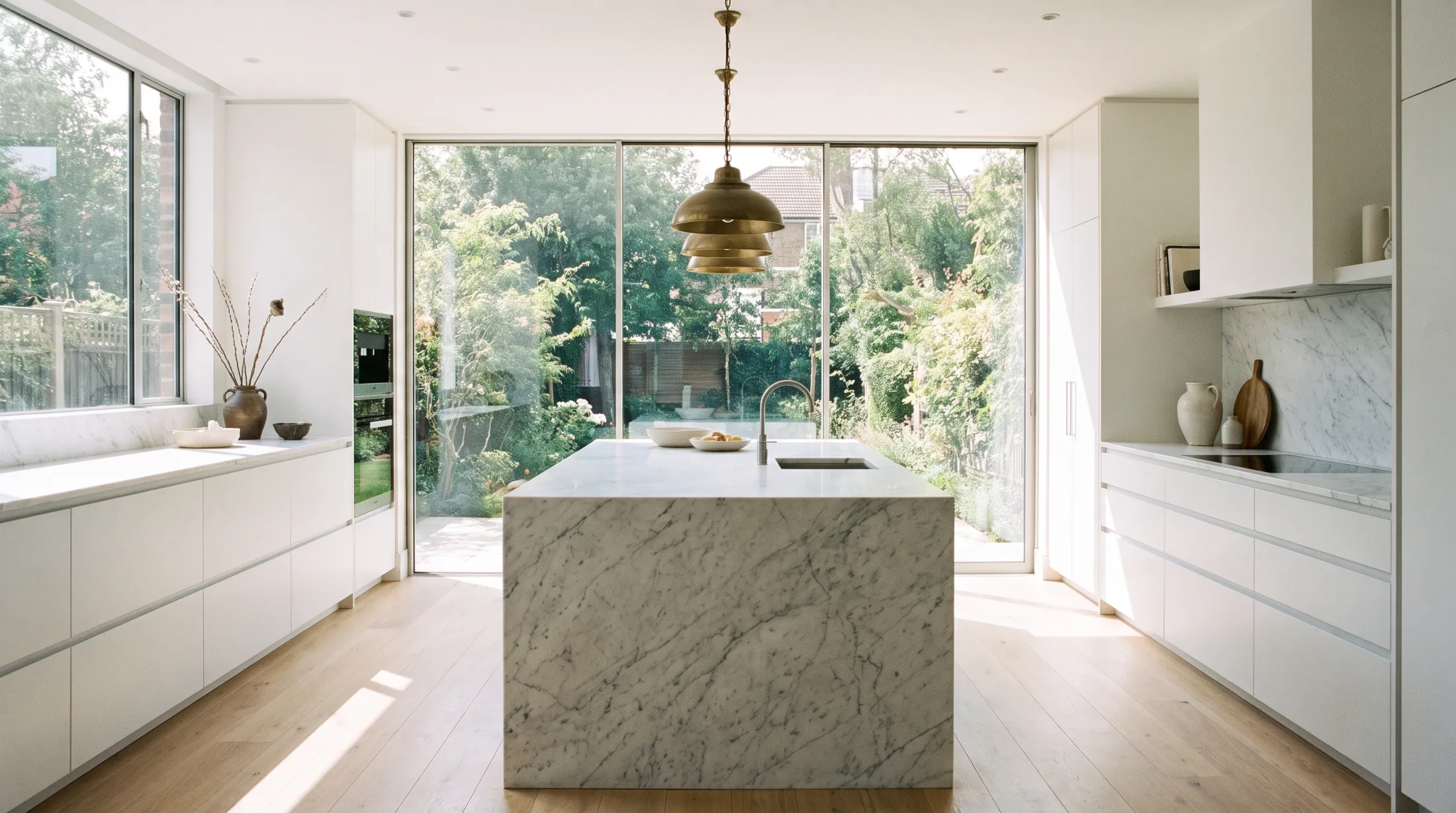A minimalist kitchen with a stone island