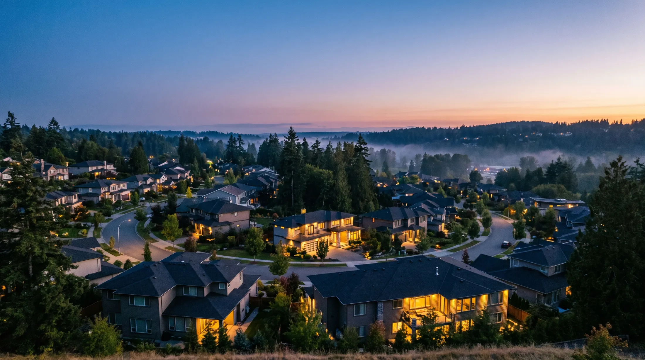 A calm residential neighbourhood at blue hour