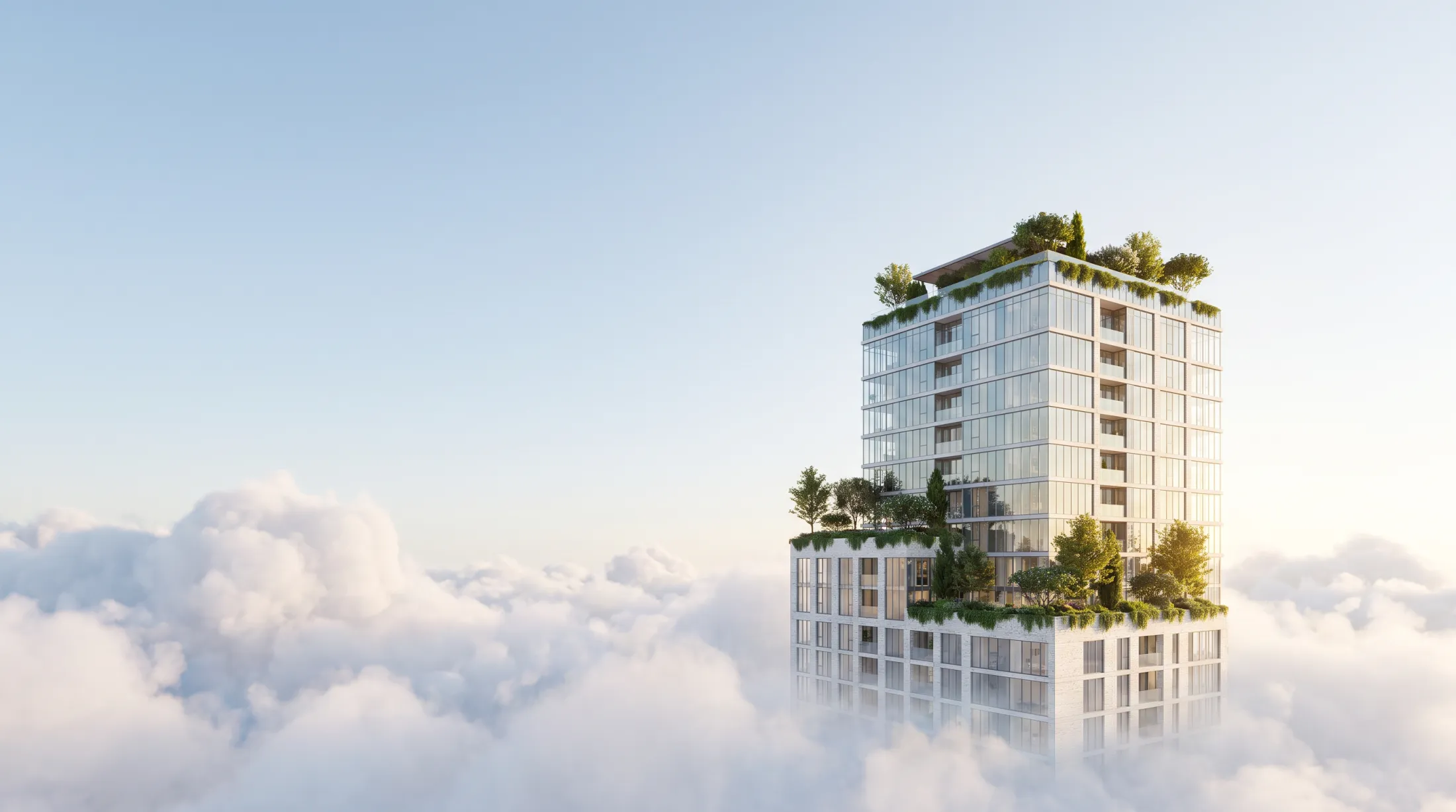 A modern residential tower with planted terraces floating above soft clouds