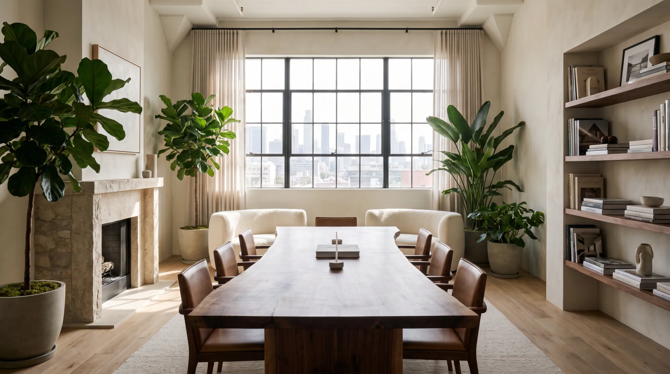 A bright office with a wooden meeting table