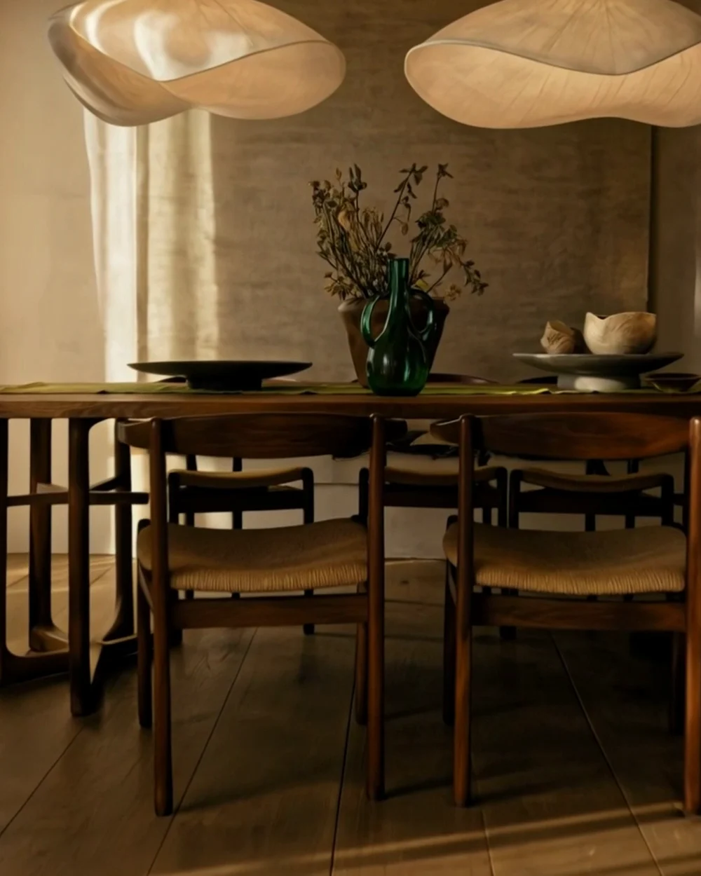 Dining room with a solid wood table, sculptural pendants and a chartreuse accent