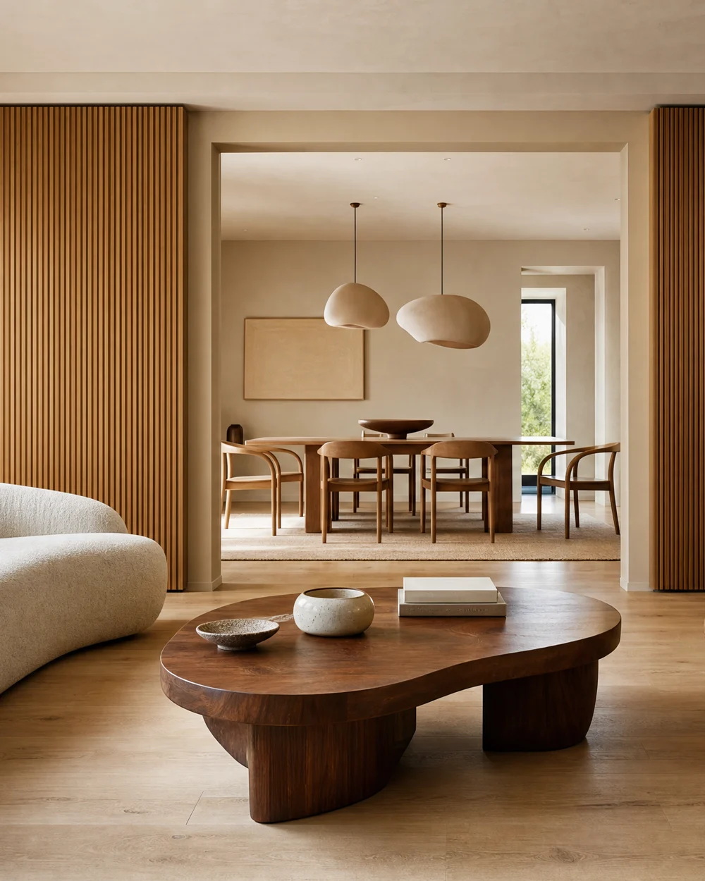 Warm minimalist living room with walnut, bouclé and travertine in soft daylight