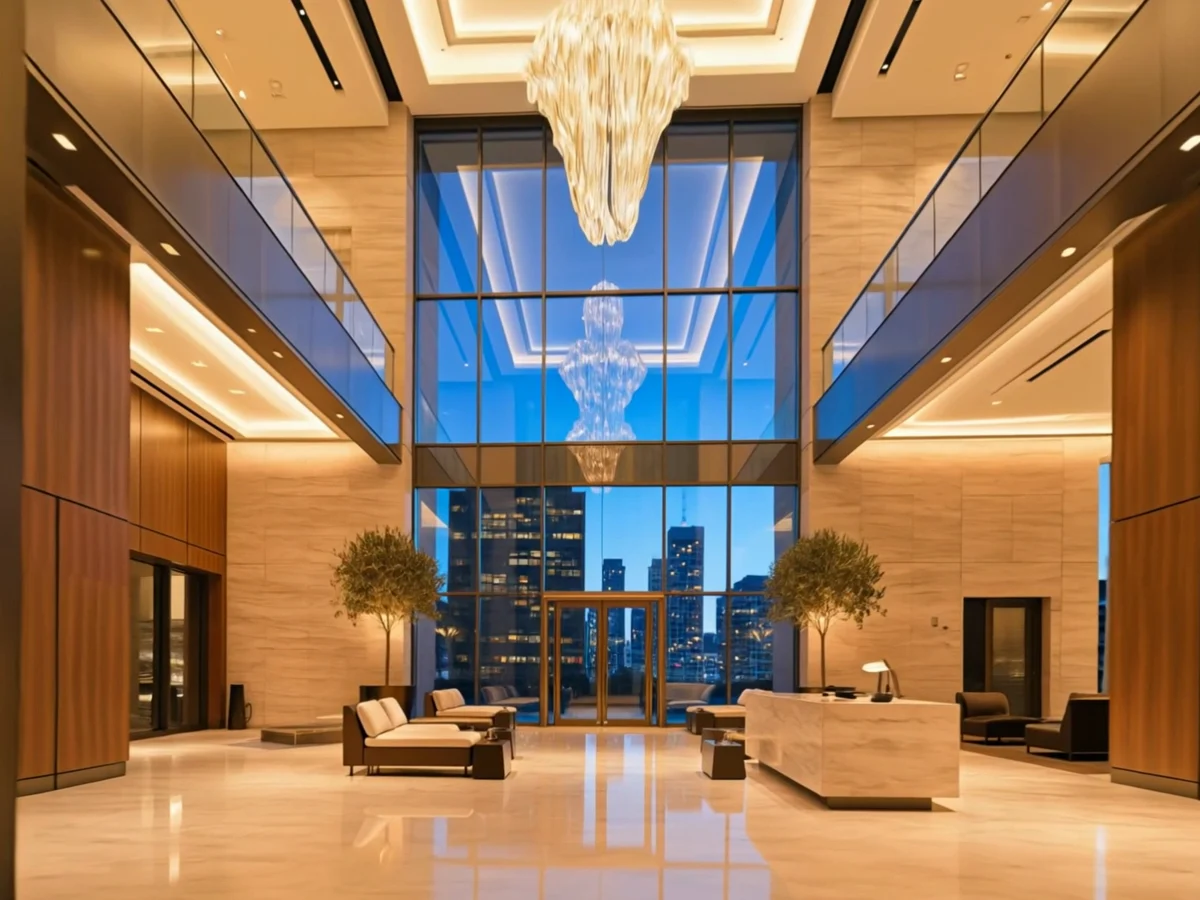 Double-height marble lobby with sculptural pendant lights