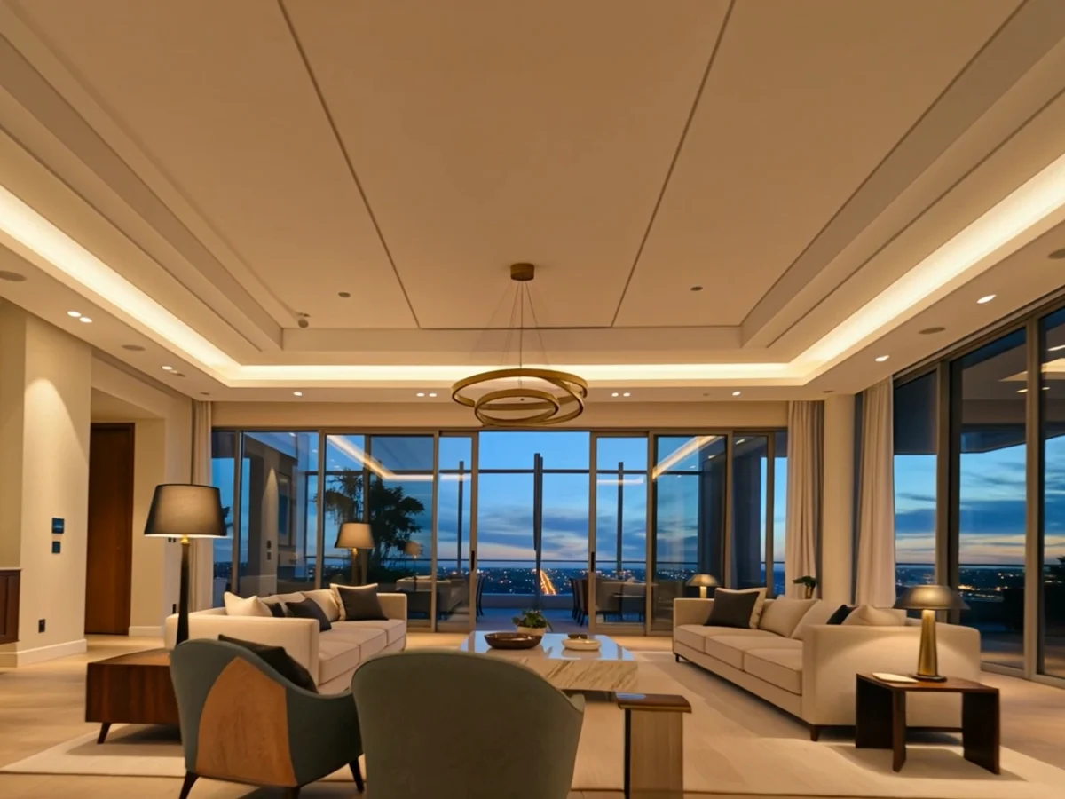 Penthouse living room with floor-to-ceiling windows overlooking the city at dusk