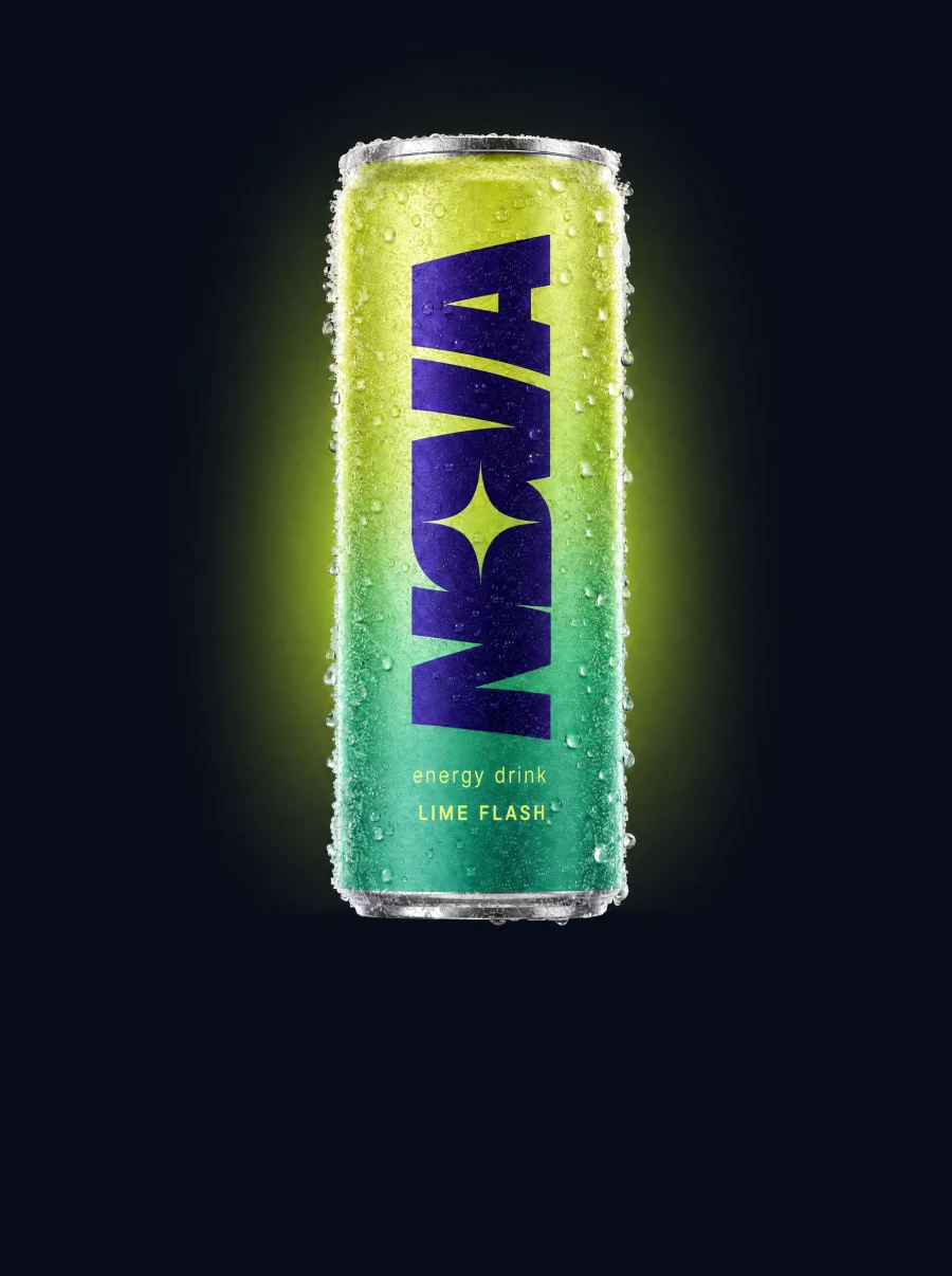 NOVA Lime Flash can in a mint-to-lime gradient with a violet wordmark, covered in cold condensation