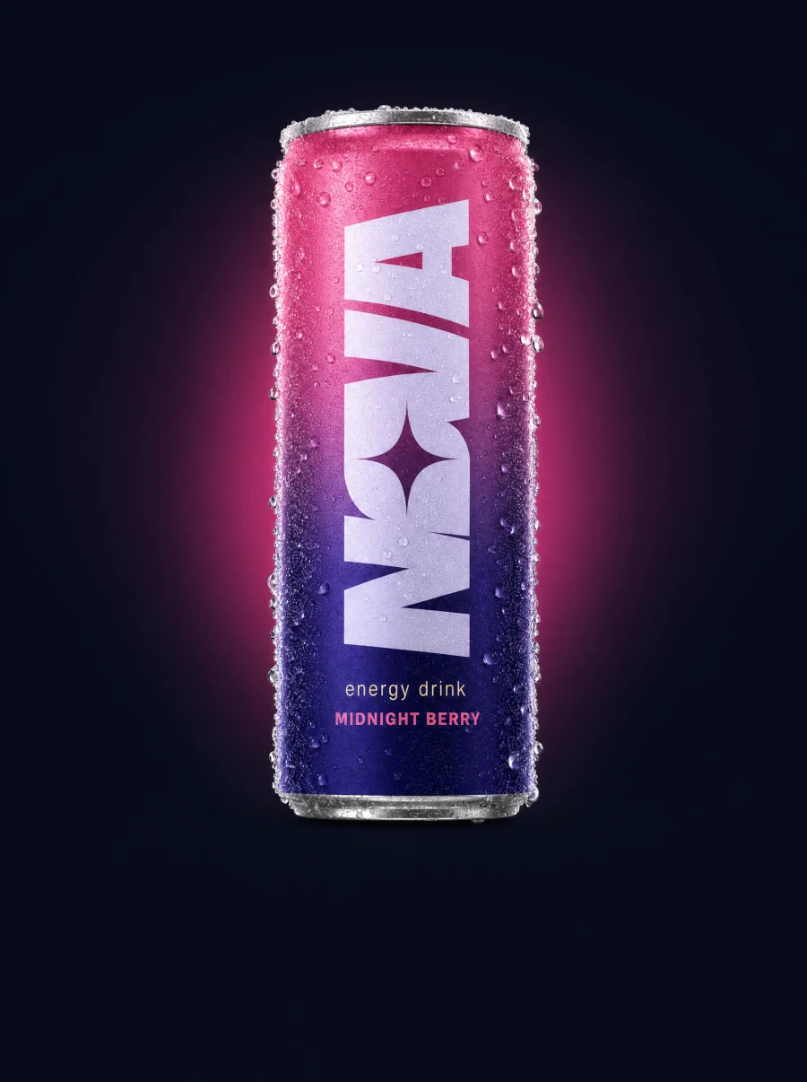 NOVA Midnight Berry can in an indigo-to-berry-pink gradient with a light wordmark, covered in cold condensation