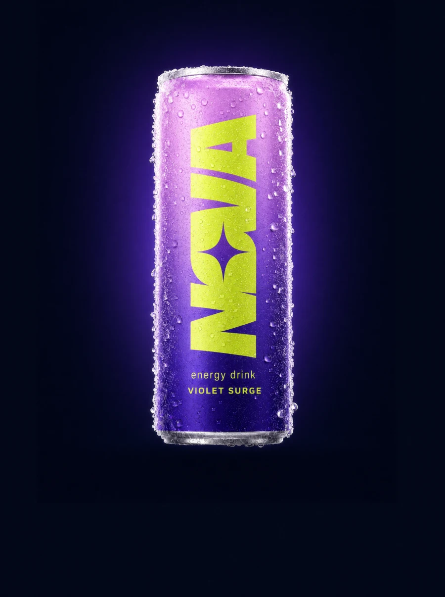 NOVA Violet Surge can in a violet-to-lilac gradient with a lime wordmark, covered in cold condensation