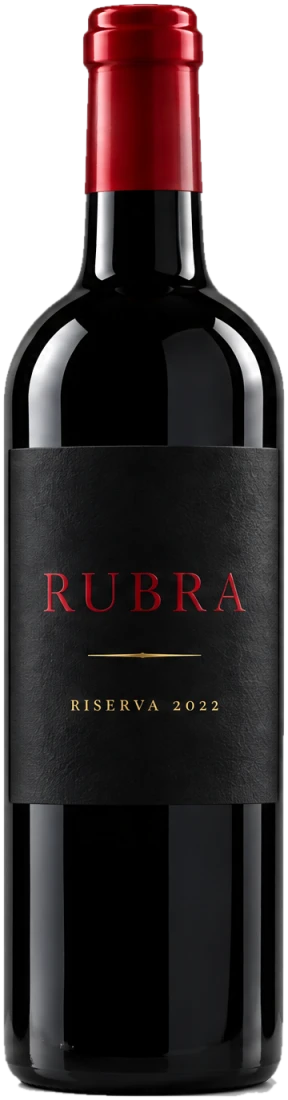 RUBRA Riserva 2022 bottle with a black label and a crimson capsule