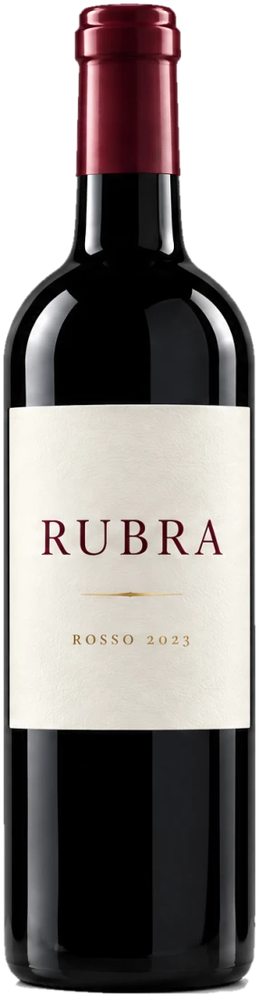 RUBRA Rosso 2023 bottle with an ivory label and a burgundy capsule