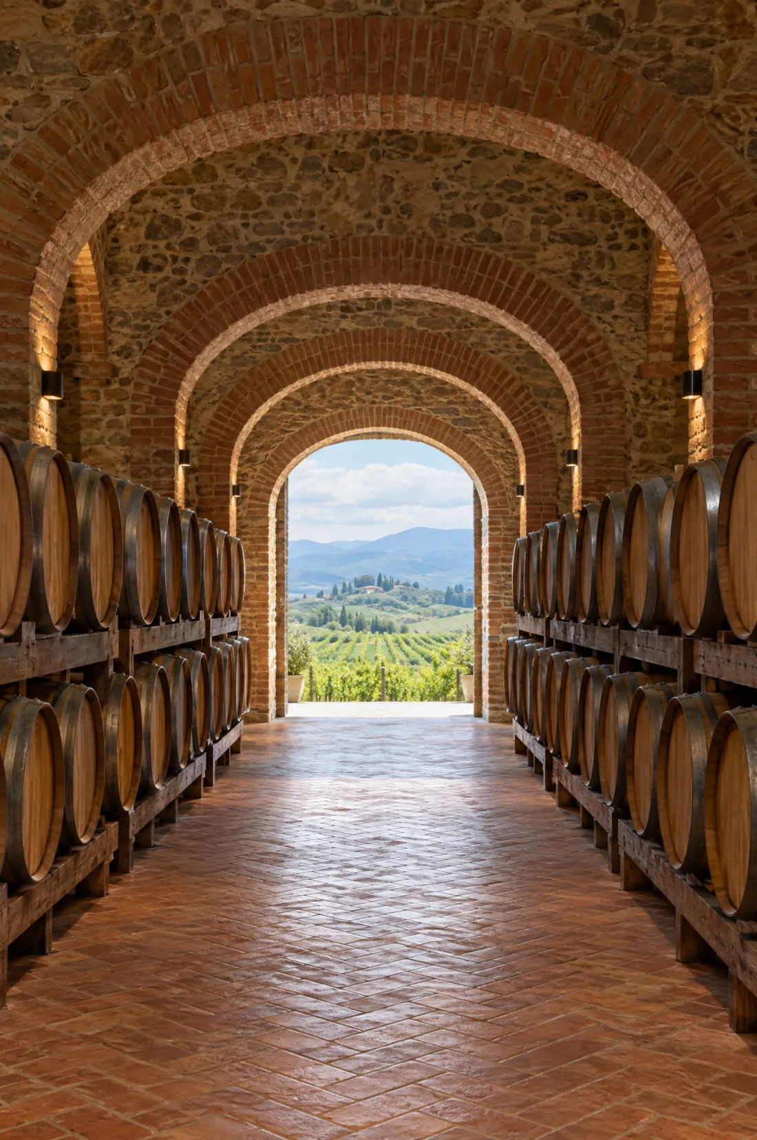 Brick arches of the barrel cellar opening onto sunny vineyards