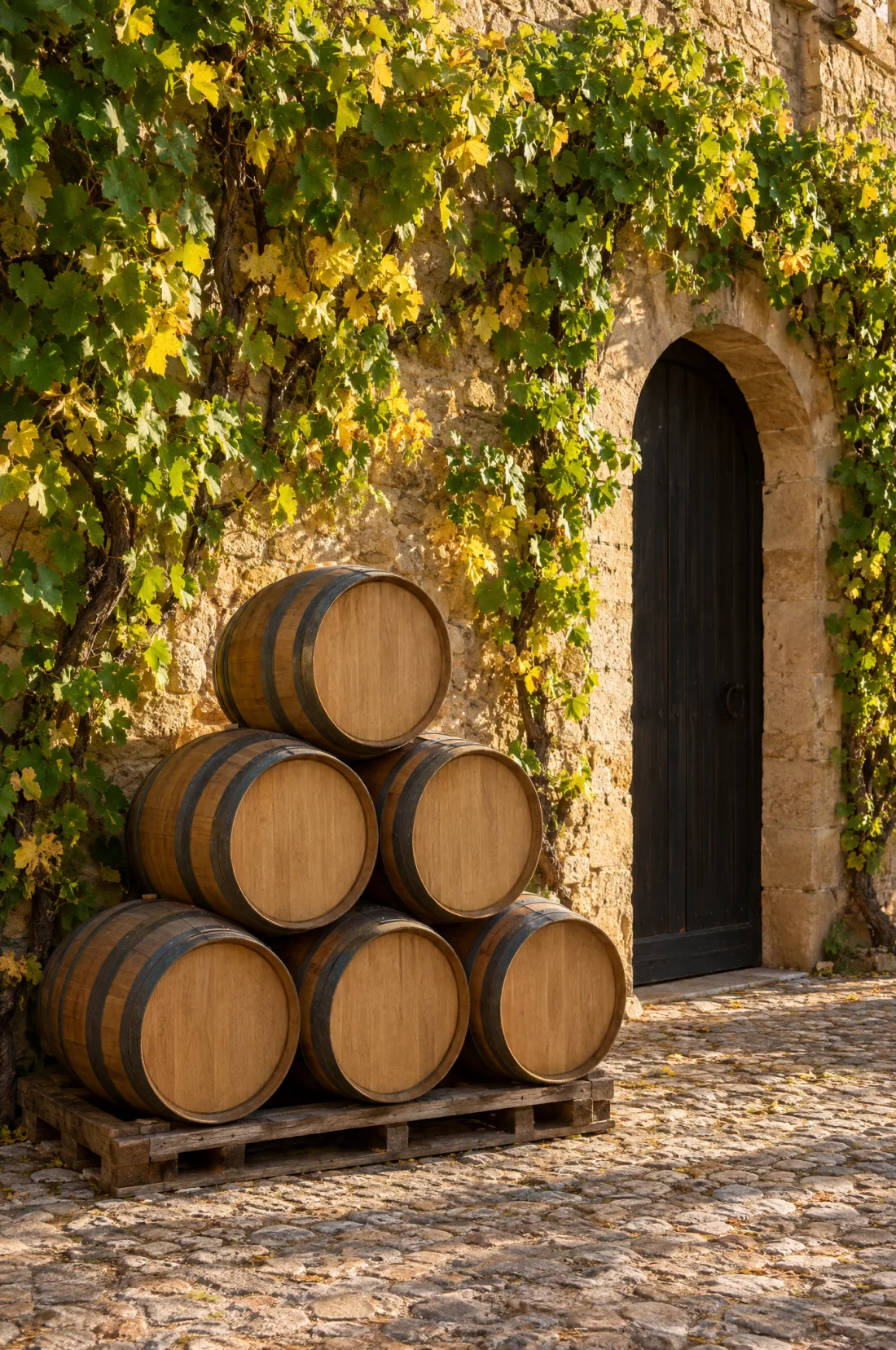 Oak barrels stacked by the ivy-covered stone winery door