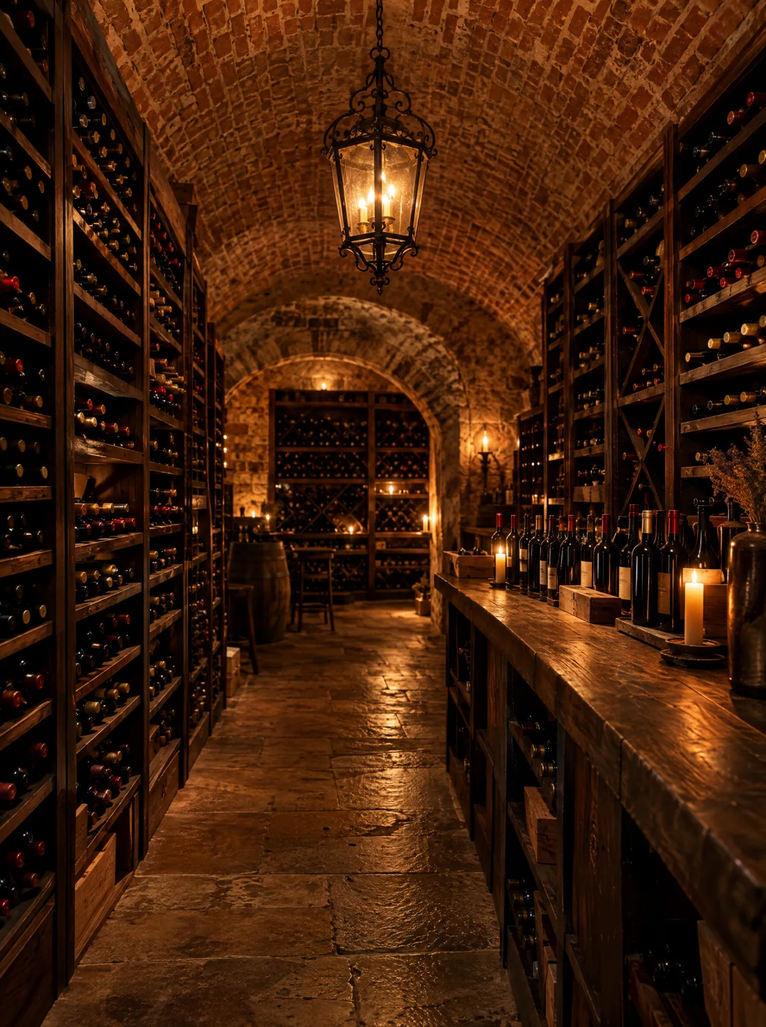 The candle-lit bottle cellar under a brick vault with a hanging lantern