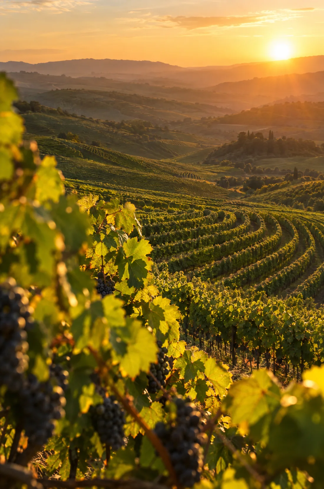 Rows of vines on rolling hills at golden hour