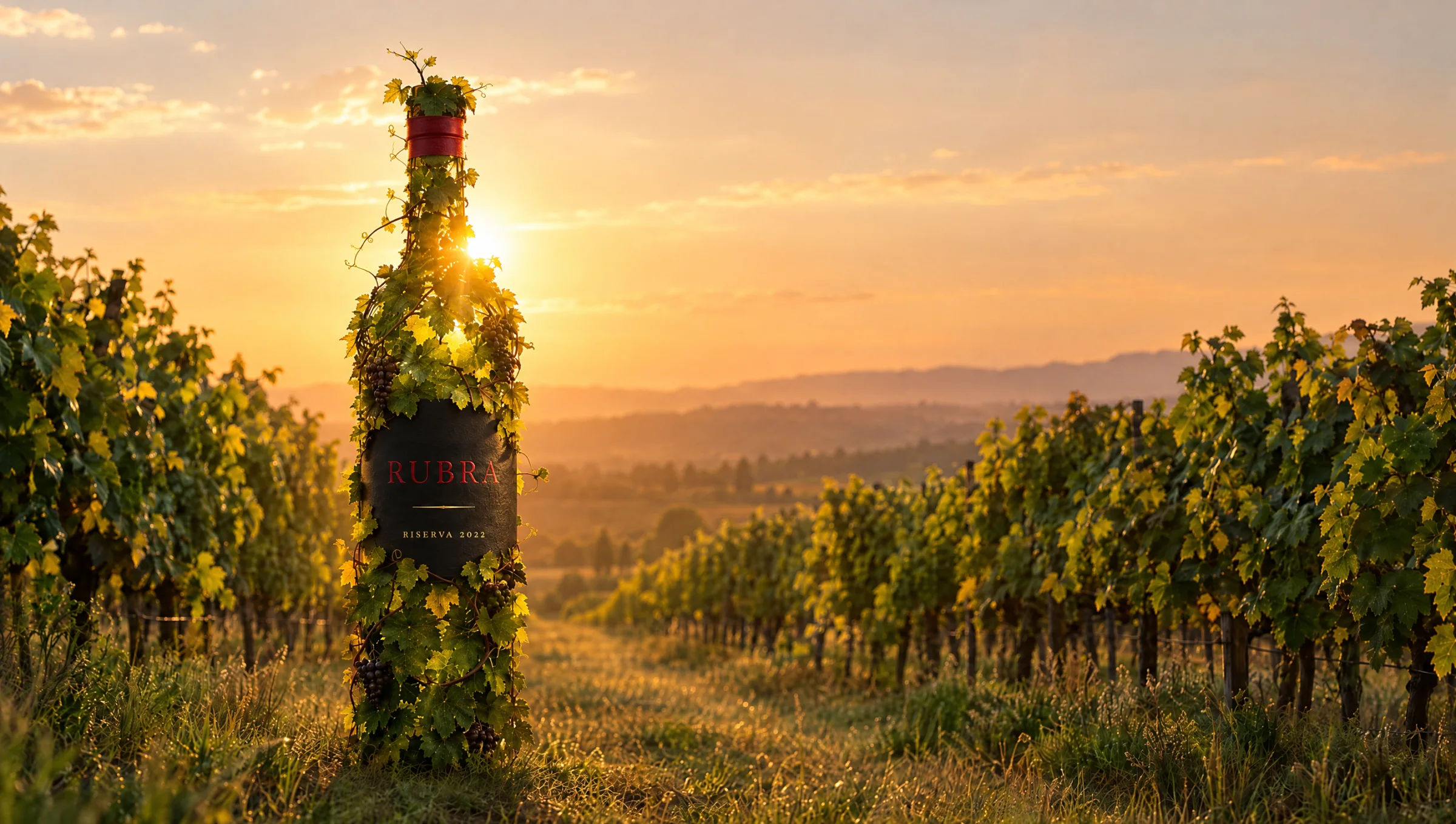 A wine bottle made of living vine leaves standing between vineyard rows at sunset